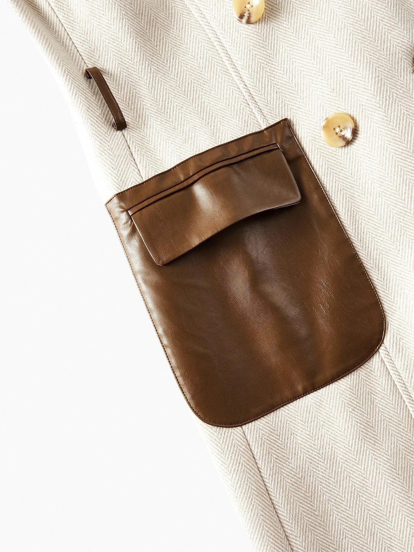 PREMIUM WOOL HERRINGBONE PRINT CONTRAST FUZZY COLLAR DOUBLE BREASTED PLACKET FLAP POCKET BELTED