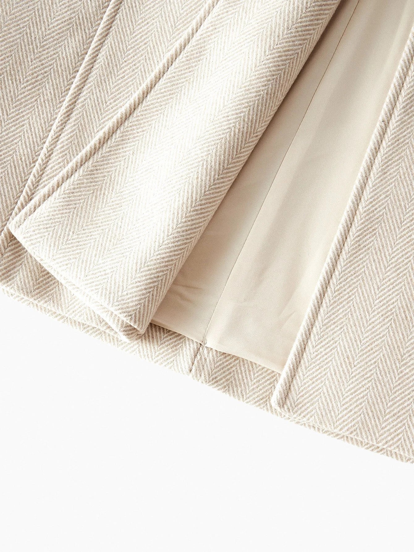 PREMIUM WOOL HERRINGBONE PRINT CONTRAST FUZZY COLLAR DOUBLE BREASTED PLACKET FLAP POCKET BELTED