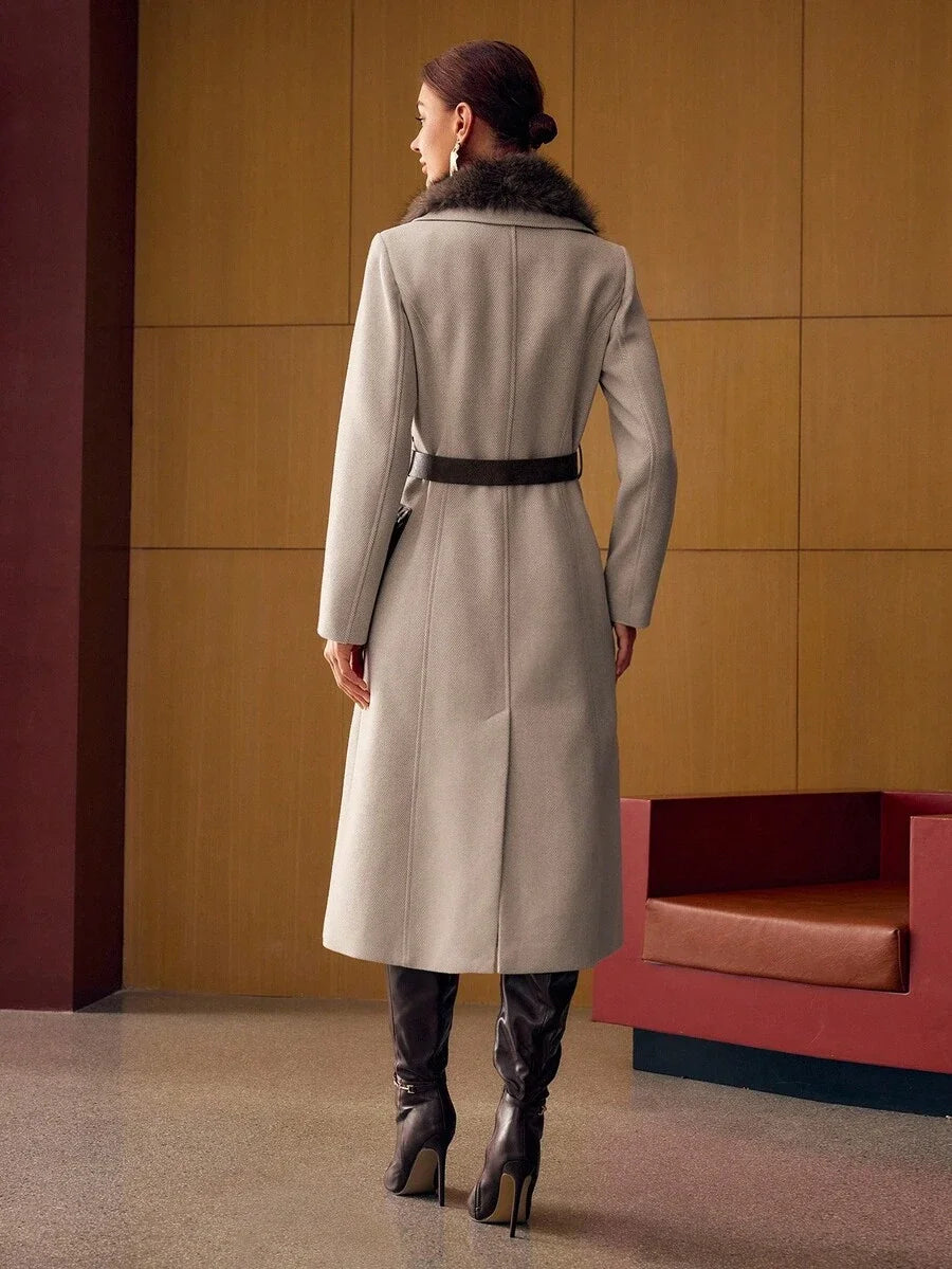 PREMIUM WOOL HERRINGBONE PRINT CONTRAST FUZZY COLLAR DOUBLE BREASTED PLACKET FLAP POCKET BELTED