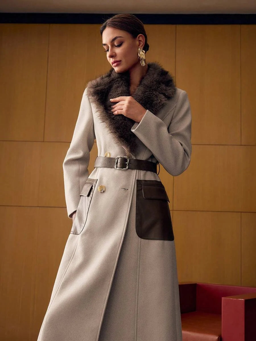 PREMIUM WOOL HERRINGBONE PRINT CONTRAST FUZZY COLLAR DOUBLE BREASTED PLACKET FLAP POCKET BELTED