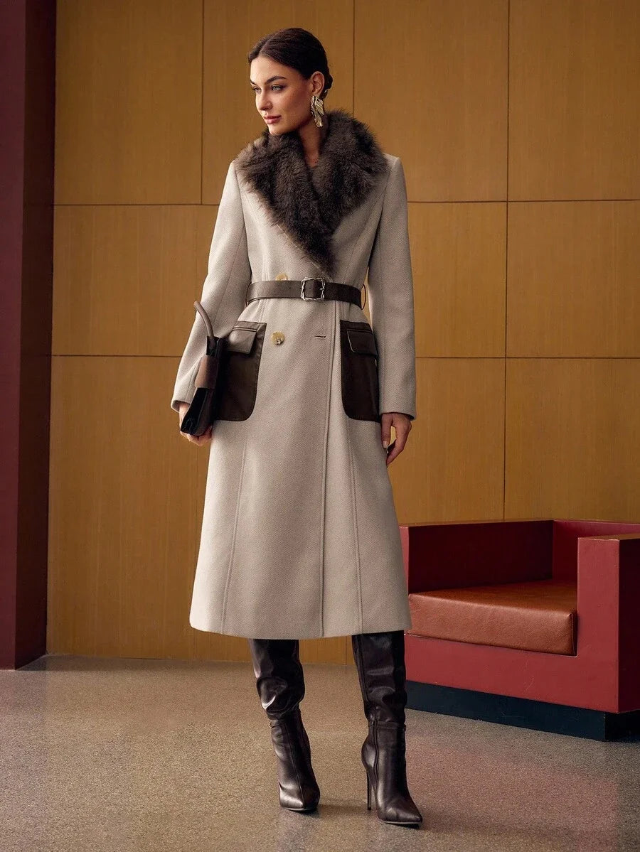 PREMIUM WOOL HERRINGBONE PRINT CONTRAST FUZZY COLLAR DOUBLE BREASTED PLACKET FLAP POCKET BELTED