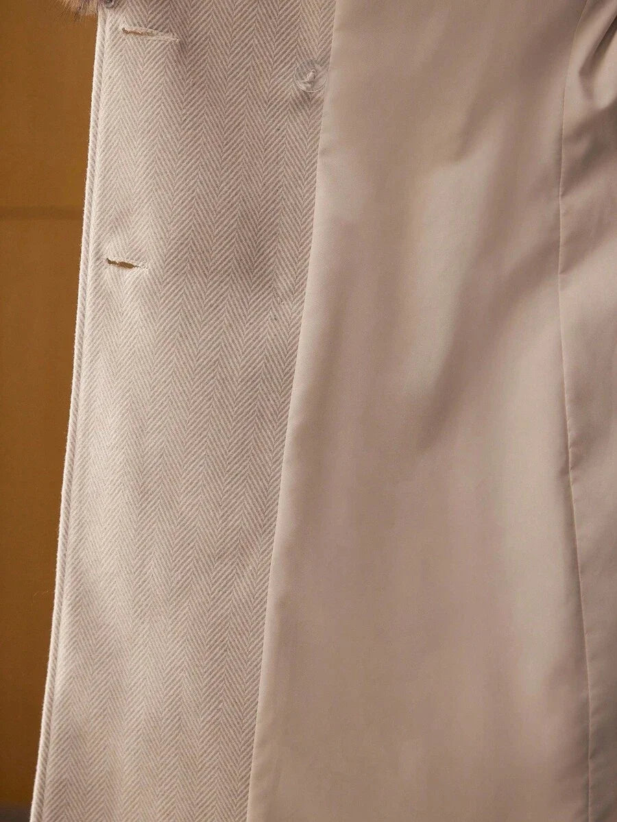 PREMIUM WOOL HERRINGBONE PRINT CONTRAST FUZZY COLLAR DOUBLE BREASTED PLACKET FLAP POCKET BELTED