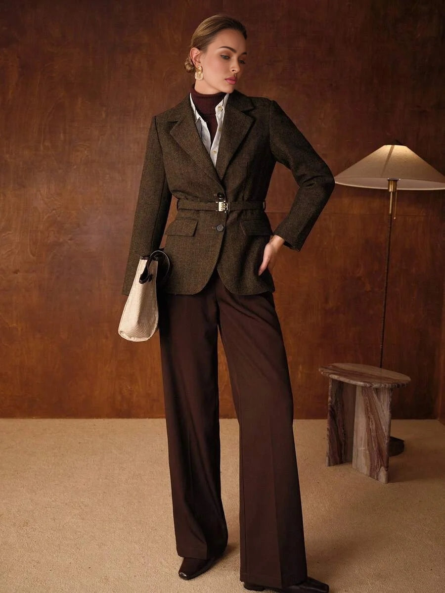 PREMIUM WOOL LAPEL COLLAR BELTED BLAZER