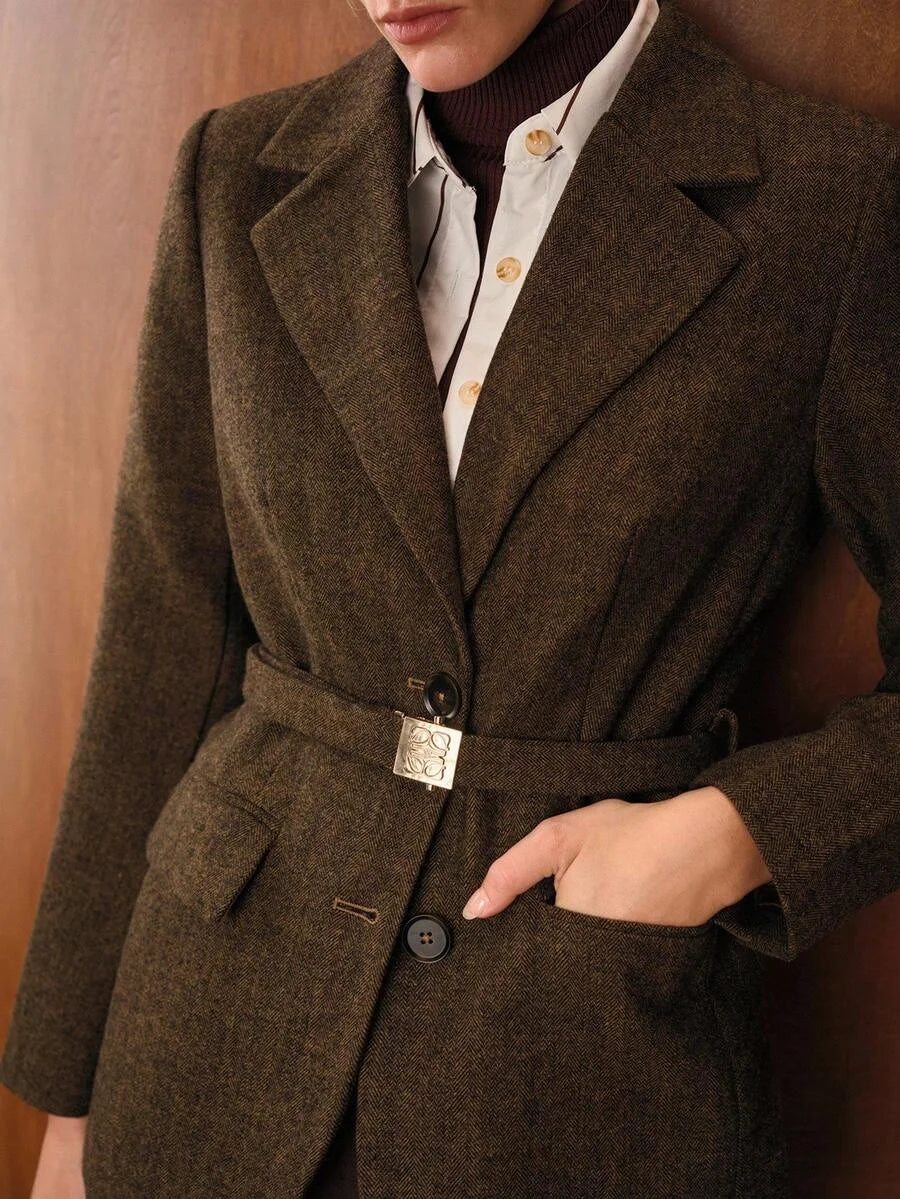 PREMIUM WOOL LAPEL COLLAR BELTED BLAZER