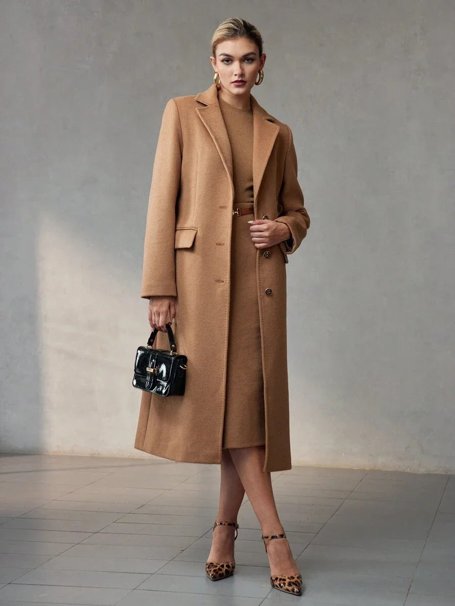 PREMIUM WOOL LAPEL COLLAR FLAP DETAIL BELTED LONG OVERCOAT