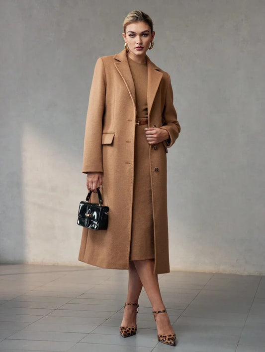 PREMIUM WOOL LAPEL COLLAR FLAP DETAIL BELTED LONG OVERCOAT