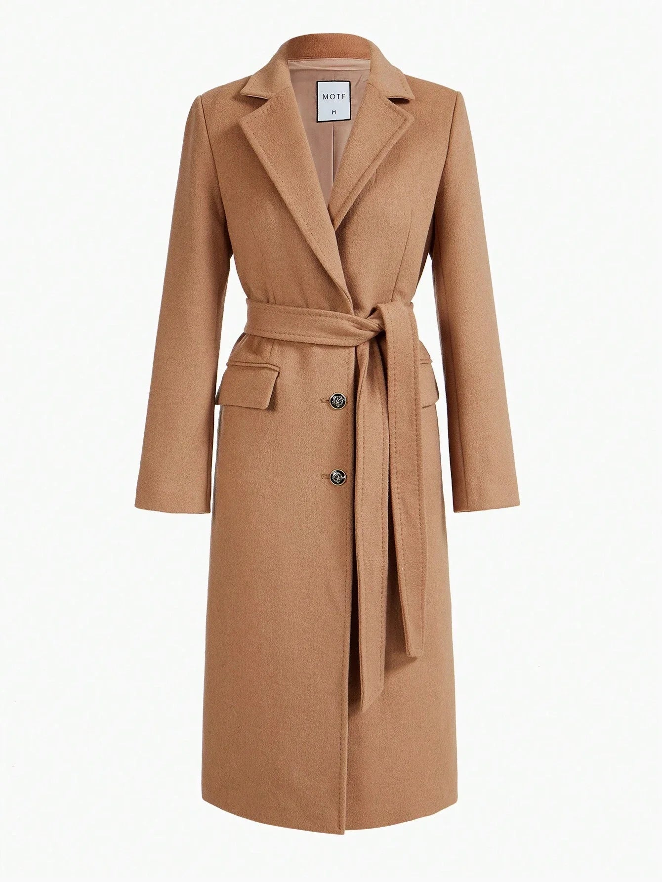 PREMIUM WOOL LAPEL COLLAR FLAP DETAIL BELTED LONG OVERCOAT