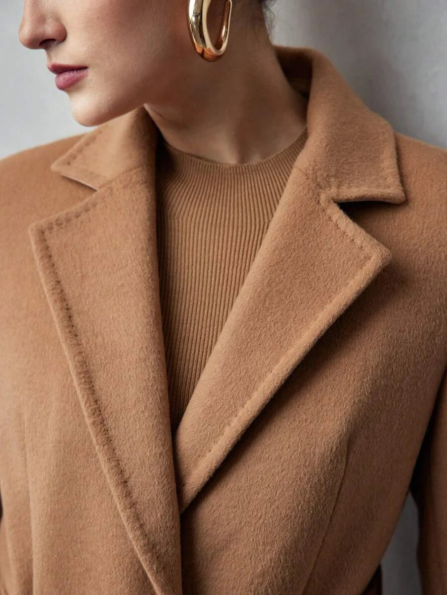 PREMIUM WOOL LAPEL COLLAR FLAP DETAIL BELTED LONG OVERCOAT