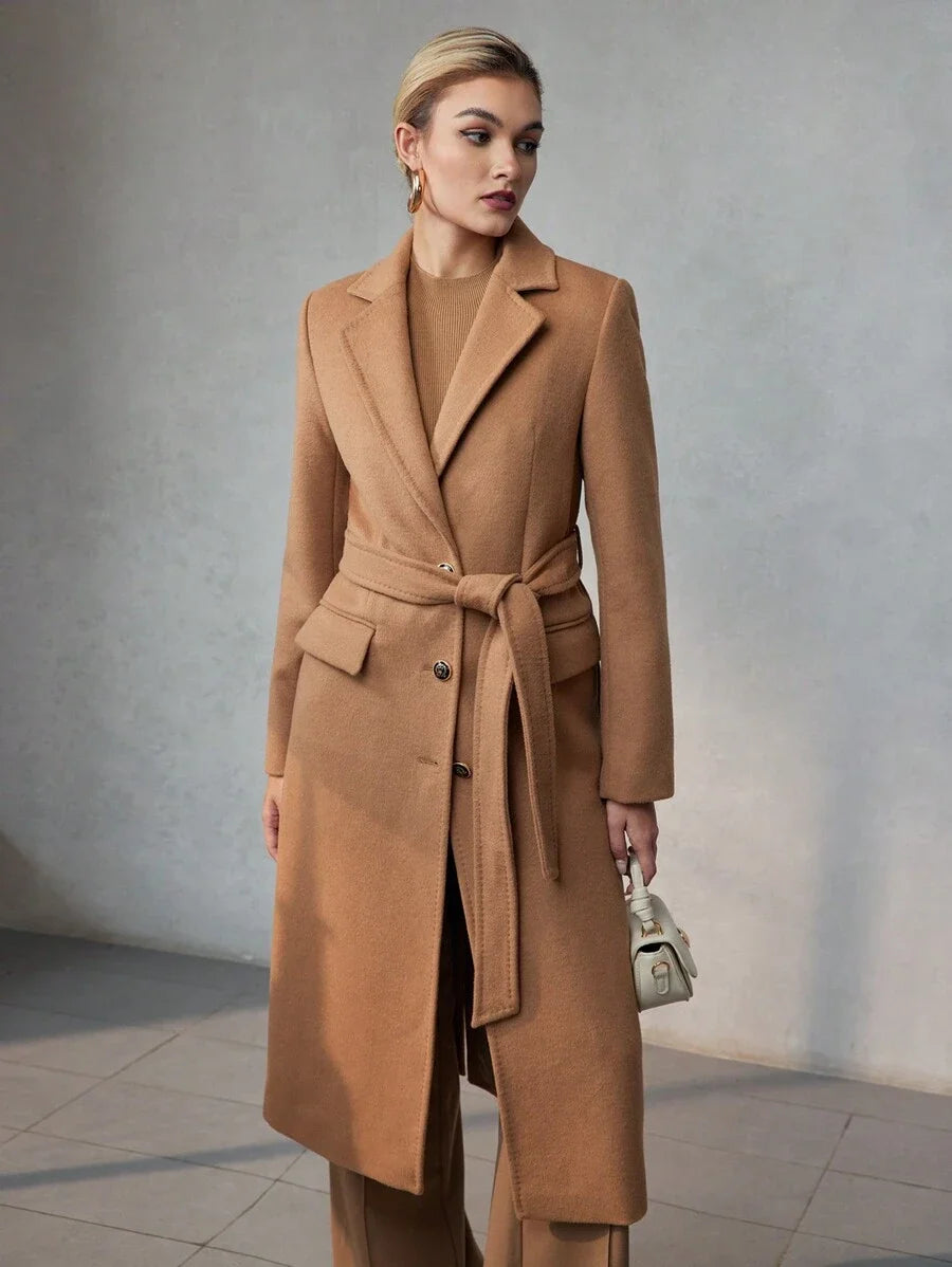 PREMIUM WOOL LAPEL COLLAR FLAP DETAIL BELTED LONG OVERCOAT