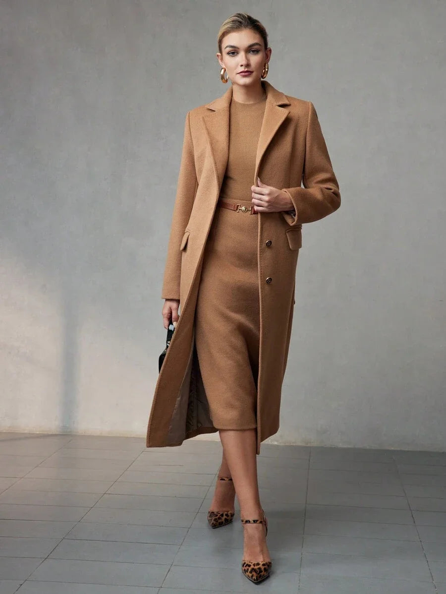 PREMIUM WOOL LAPEL COLLAR FLAP DETAIL BELTED LONG OVERCOAT