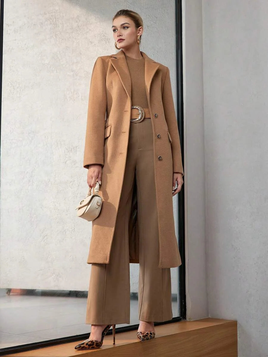 PREMIUM WOOL LAPEL COLLAR FLAP DETAIL BELTED LONG OVERCOAT