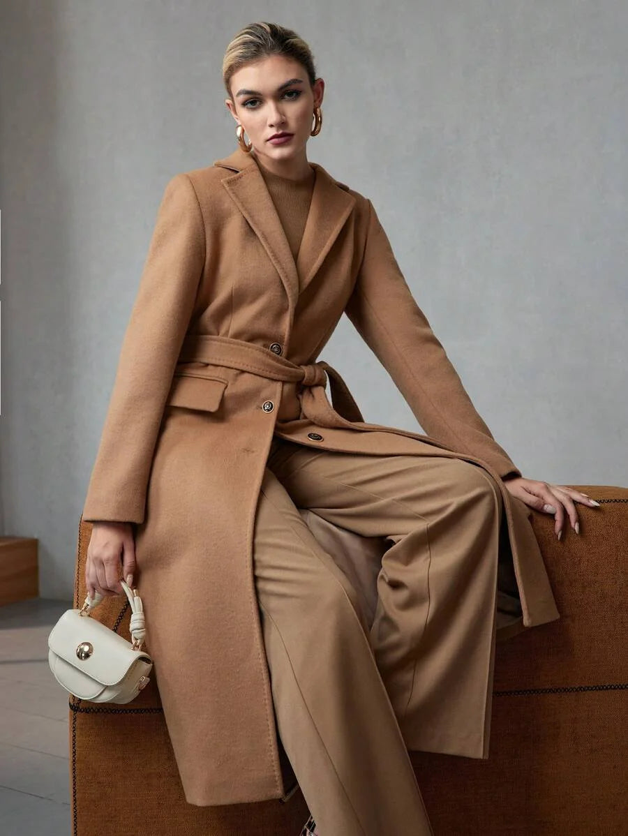 PREMIUM WOOL LAPEL COLLAR FLAP DETAIL BELTED LONG OVERCOAT