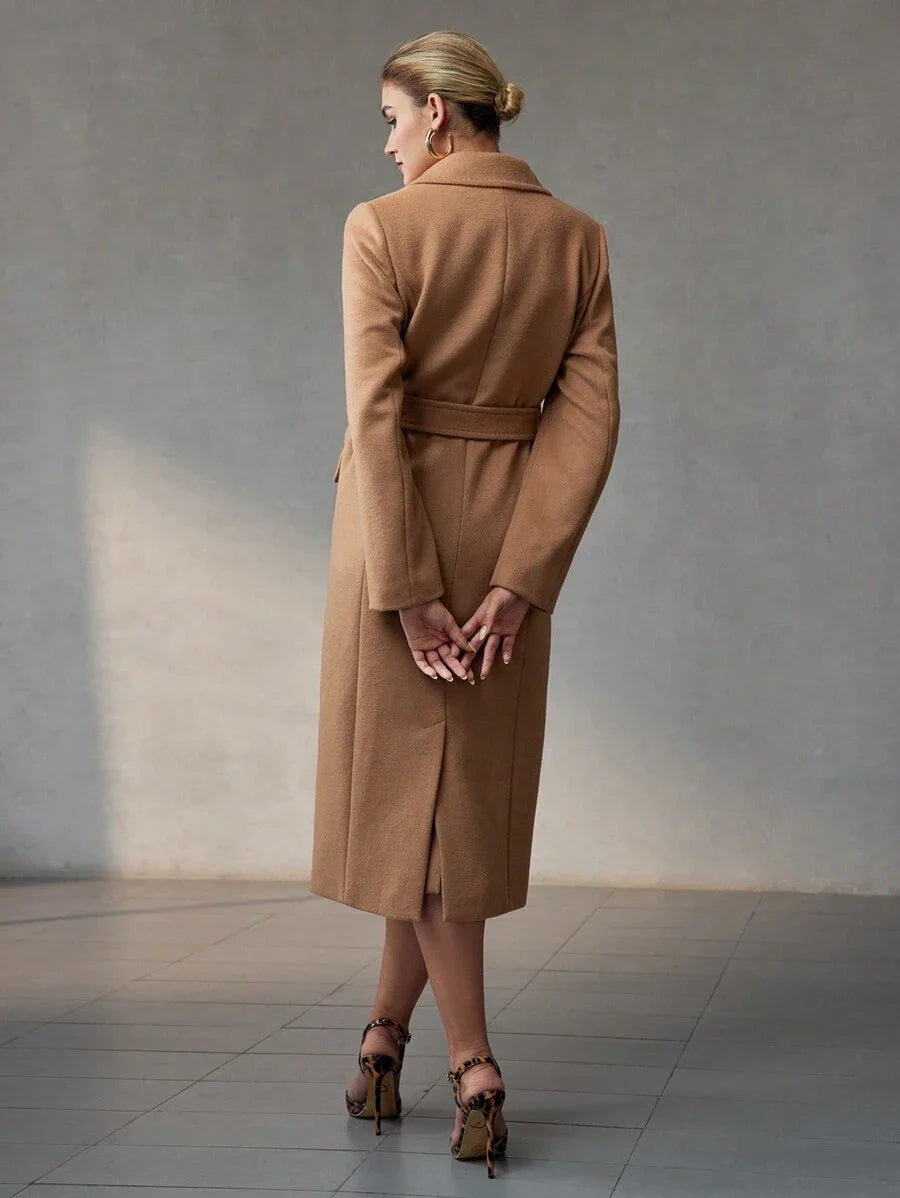 PREMIUM WOOL LAPEL COLLAR FLAP DETAIL BELTED LONG OVERCOAT