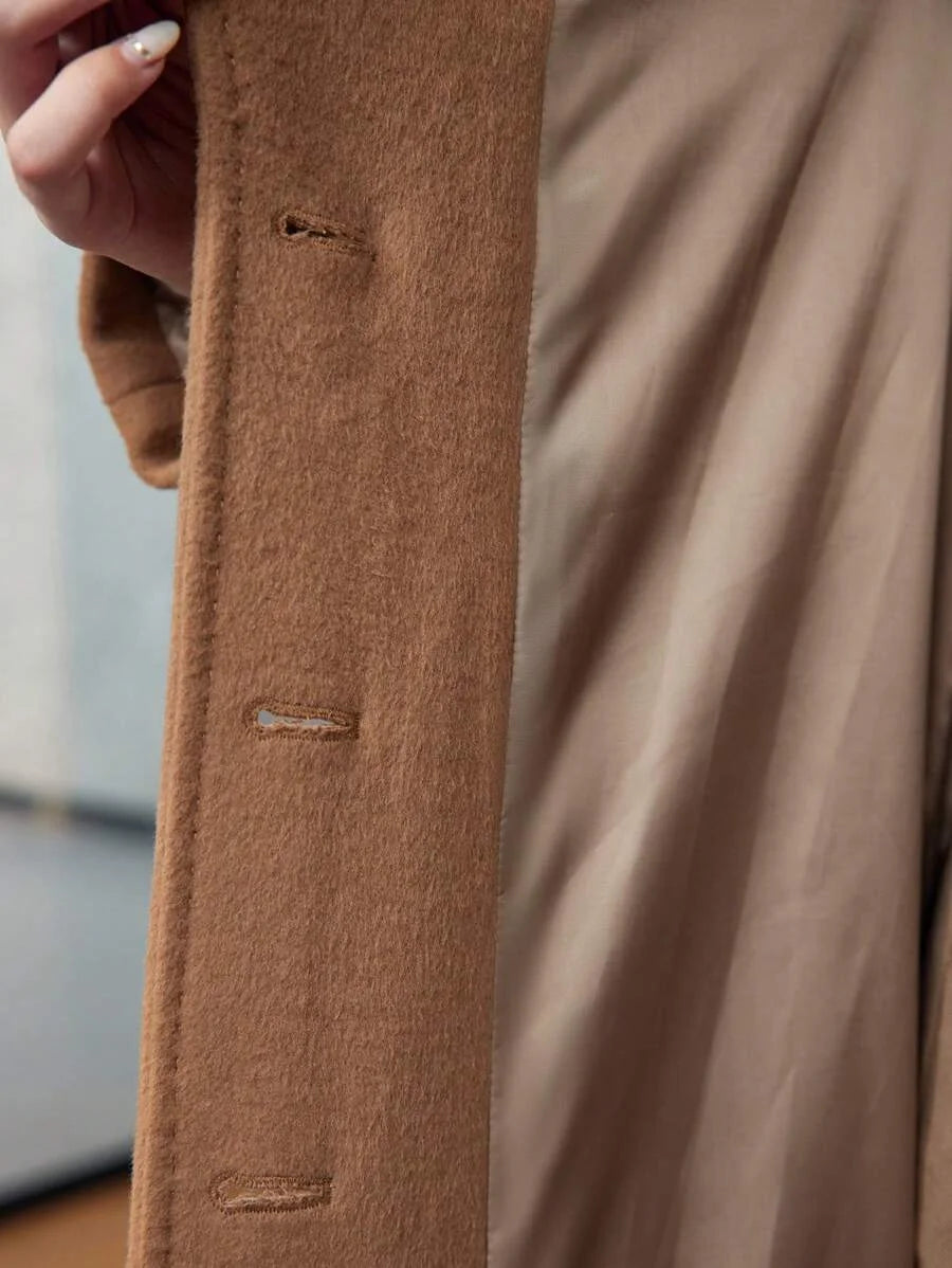 PREMIUM WOOL LAPEL COLLAR FLAP DETAIL BELTED LONG OVERCOAT