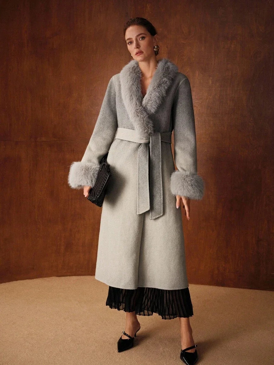 PREMIUM WOOL OMBRE FURRY TRIM OVERCOAT