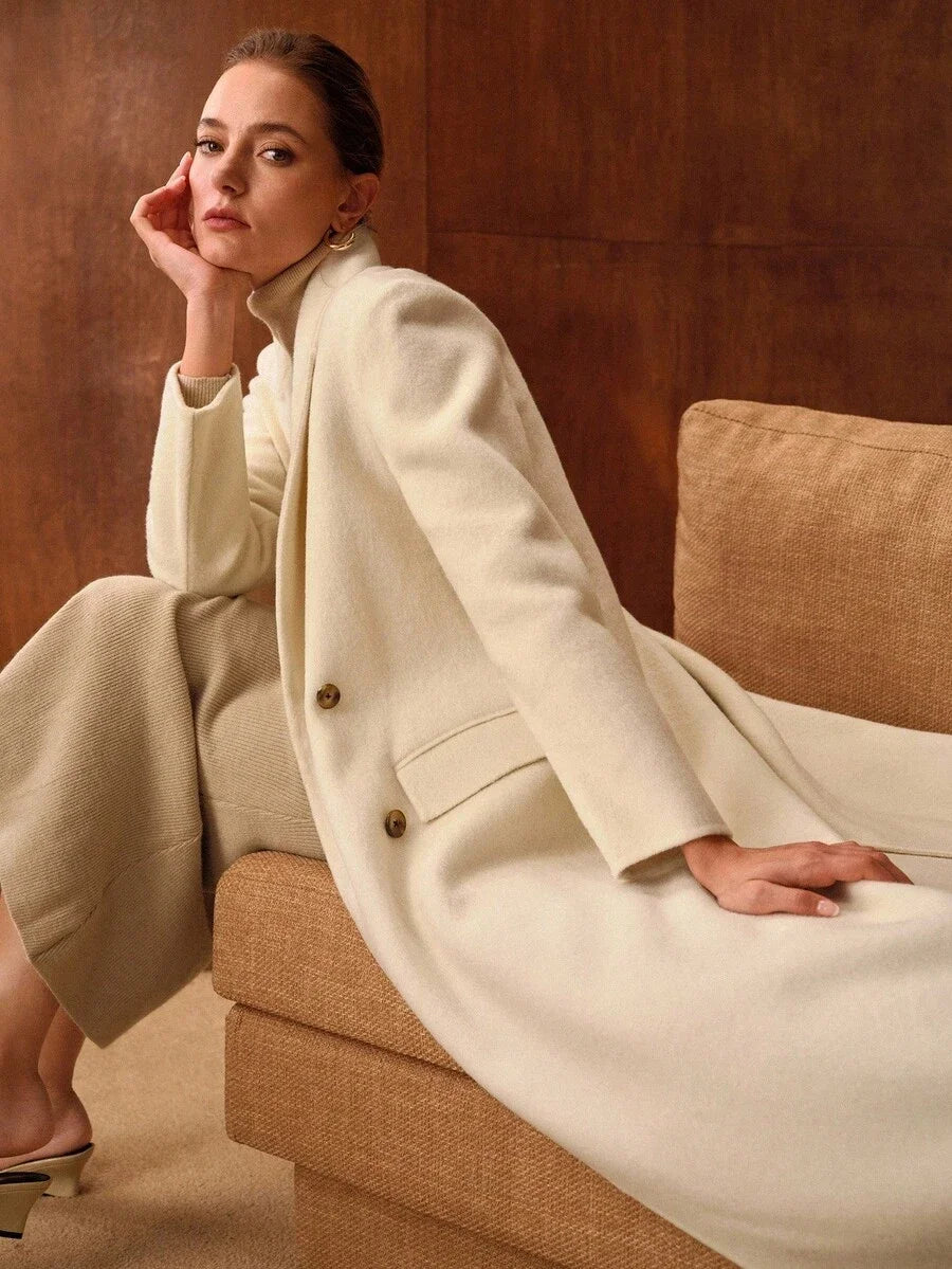 PREMIUM WOOL PEAK COLLAR DOUBLE BREASTED BELTED OVERCOAT