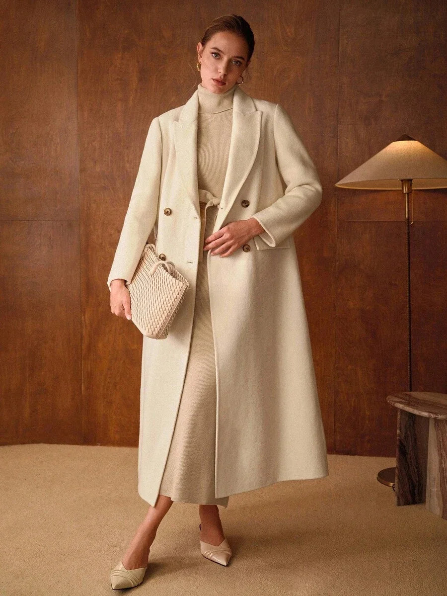 PREMIUM WOOL PEAK COLLAR DOUBLE BREASTED BELTED OVERCOAT