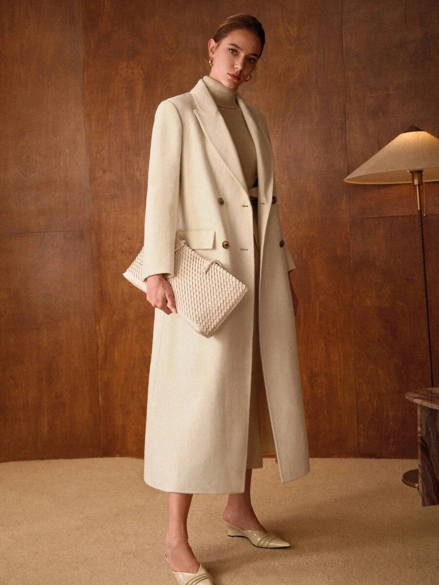 PREMIUM WOOL PEAK COLLAR DOUBLE BREASTED BELTED OVERCOAT