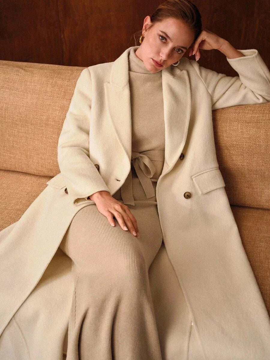 PREMIUM WOOL PEAK COLLAR DOUBLE BREASTED BELTED OVERCOAT