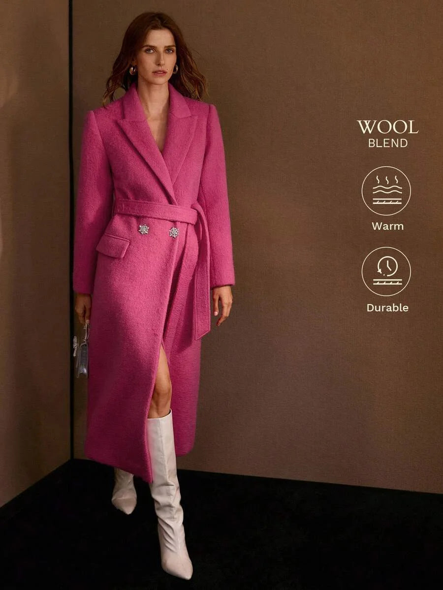 PREMIUM WOOL PEAK COLLAR RHINESTONE PLACKET BELTED OVERCOAT