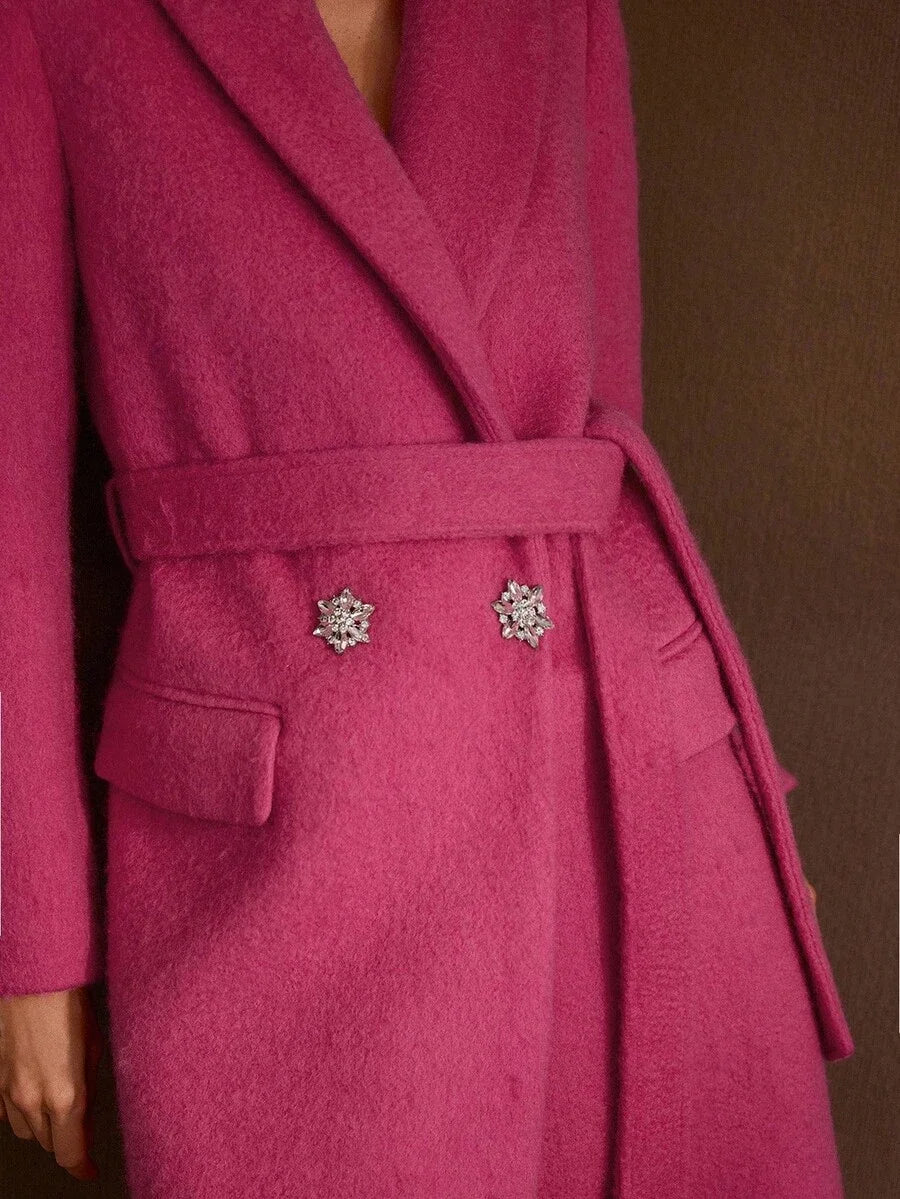 PREMIUM WOOL PEAK COLLAR RHINESTONE PLACKET BELTED OVERCOAT