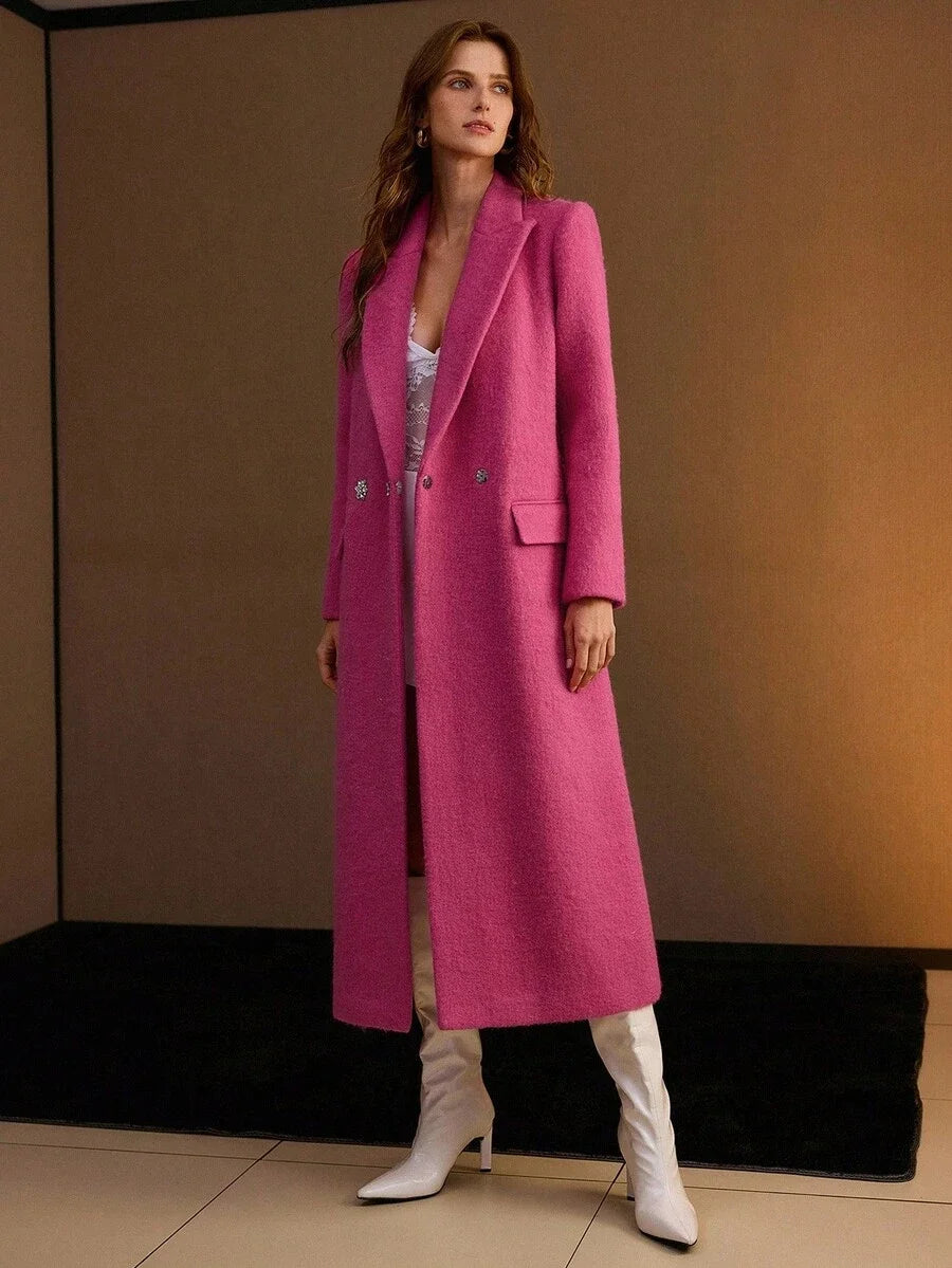 PREMIUM WOOL PEAK COLLAR RHINESTONE PLACKET BELTED OVERCOAT