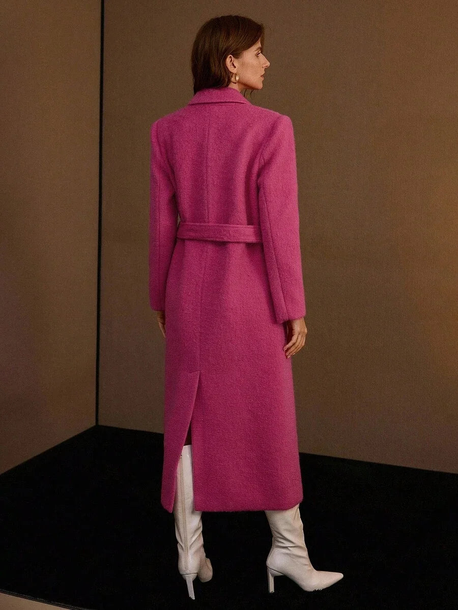 PREMIUM WOOL PEAK COLLAR RHINESTONE PLACKET BELTED OVERCOAT