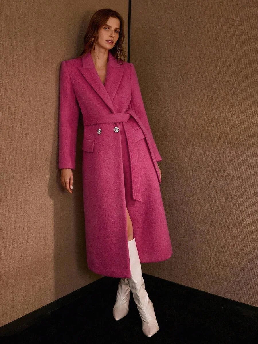 PREMIUM WOOL PEAK COLLAR RHINESTONE PLACKET BELTED OVERCOAT