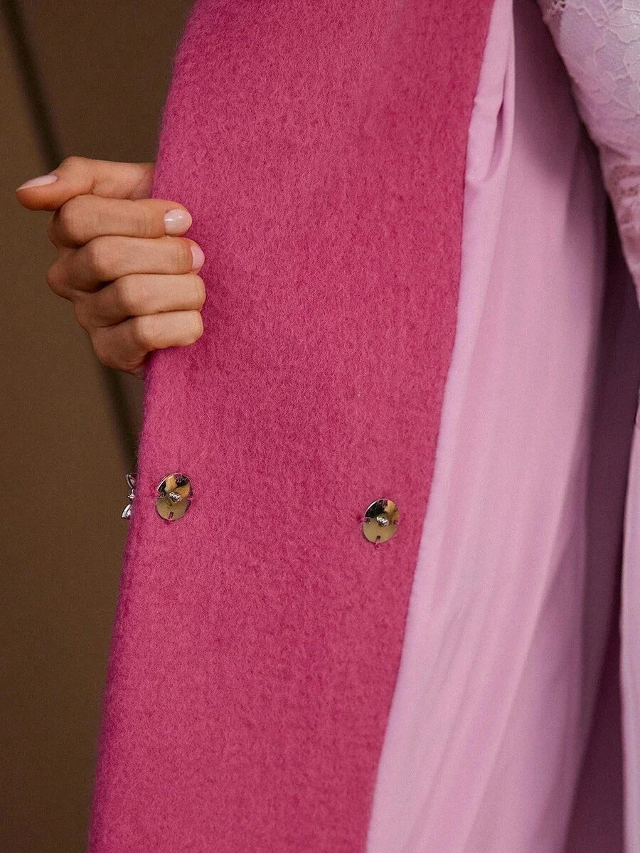 PREMIUM WOOL PEAK COLLAR RHINESTONE PLACKET BELTED OVERCOAT