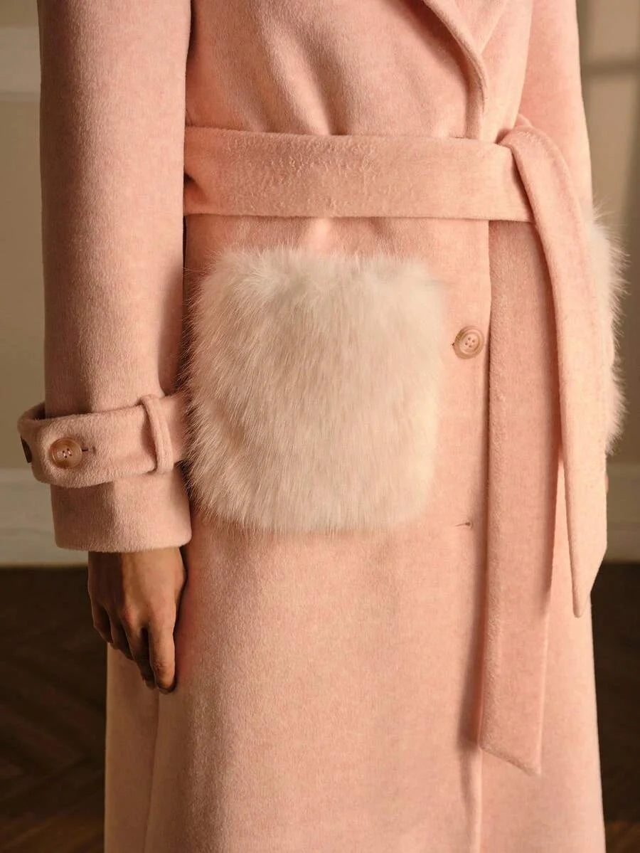 PREMIUM WOOL PEAK COLLAR WAIST CONTRAST FLUFFY POCKET OVERCOAT MINIMALIST amp ELEGANT