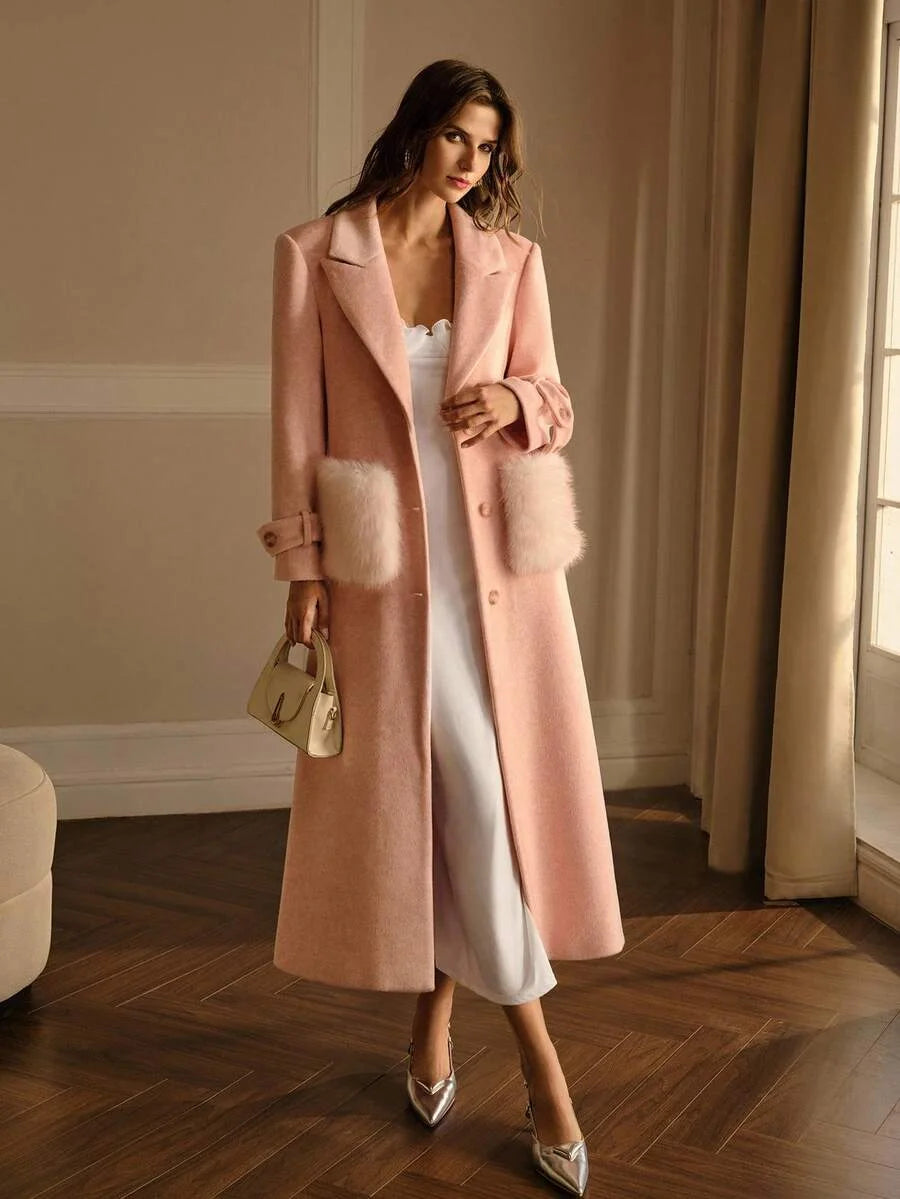 PREMIUM WOOL PEAK COLLAR WAIST CONTRAST FLUFFY POCKET OVERCOAT MINIMALIST amp ELEGANT