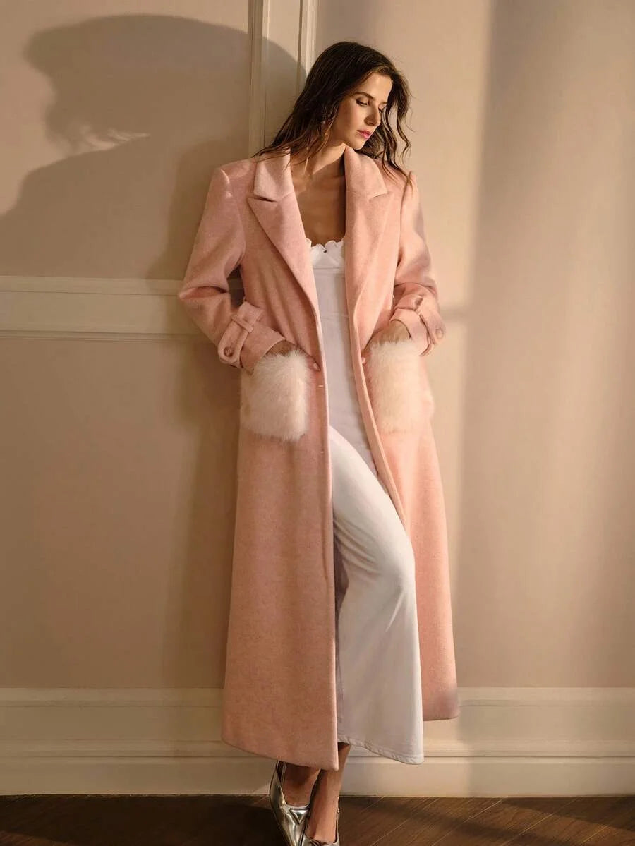 PREMIUM WOOL PEAK COLLAR WAIST CONTRAST FLUFFY POCKET OVERCOAT MINIMALIST amp ELEGANT