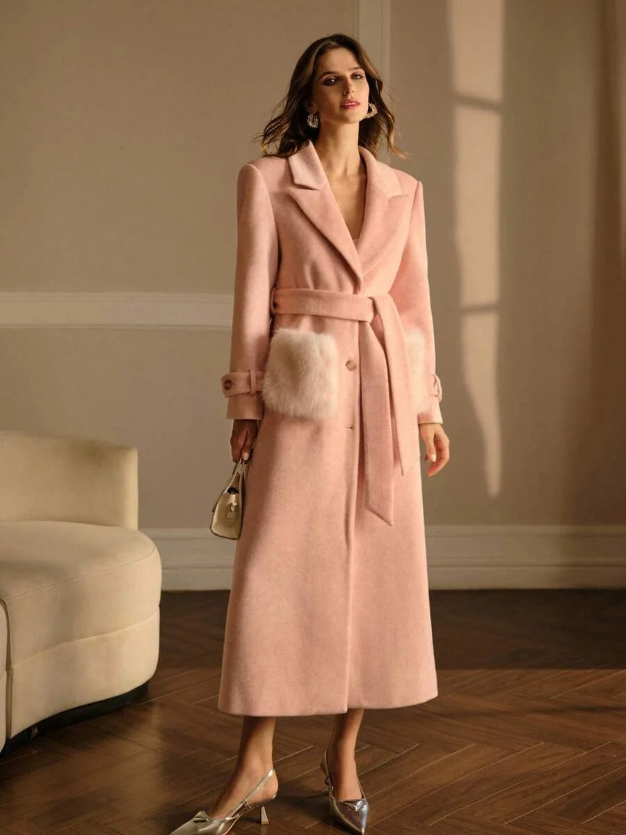 PREMIUM WOOL PEAK COLLAR WAIST CONTRAST FLUFFY POCKET OVERCOAT MINIMALIST amp ELEGANT