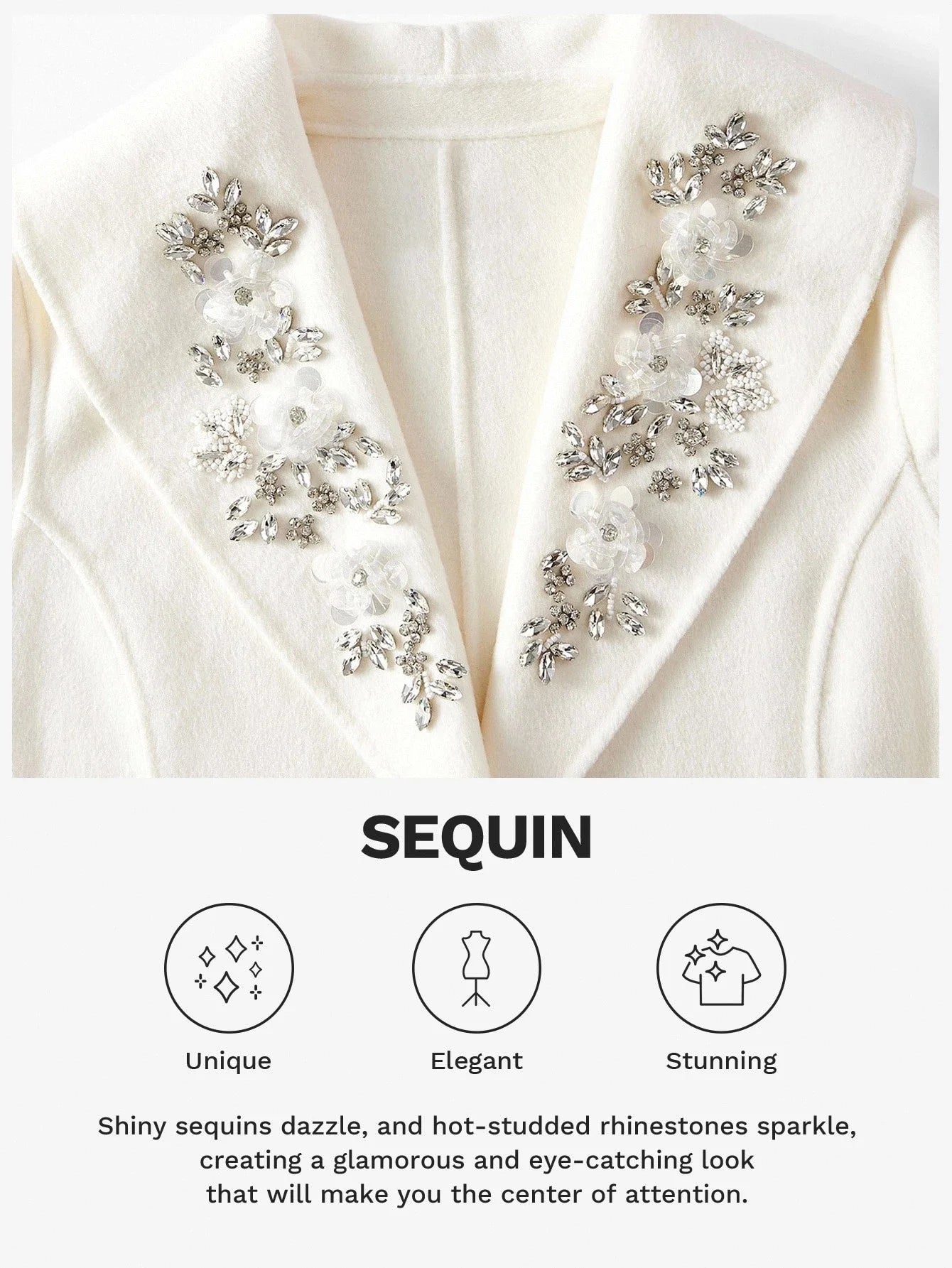 PREMIUM WOOL RHINESTONE AND SEQUINS DETAIL SHAWL COLLAR FUZZY CUFF BELTED OVERCOAT