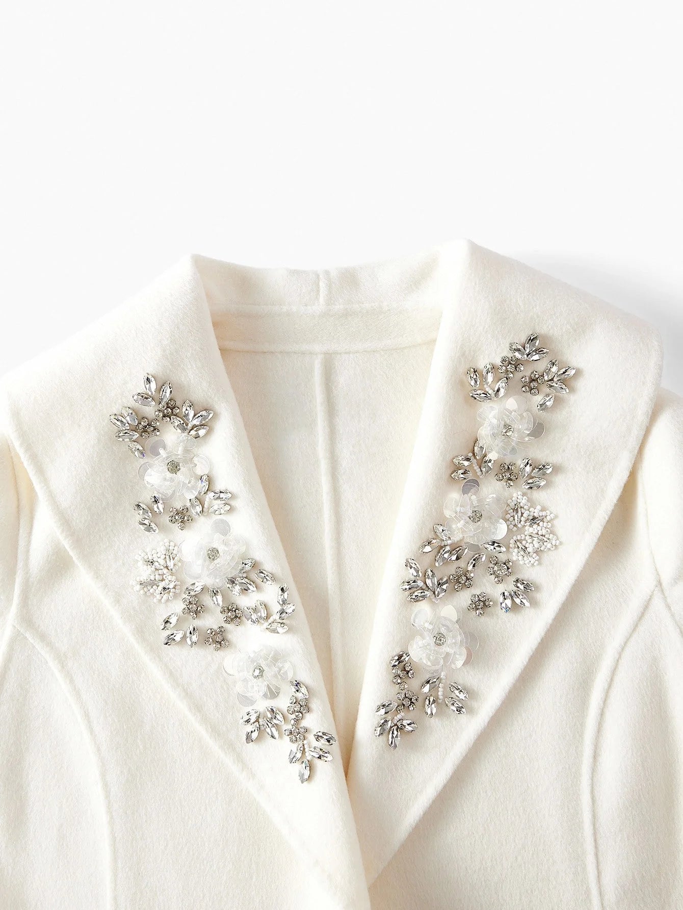 PREMIUM WOOL RHINESTONE AND SEQUINS DETAIL SHAWL COLLAR FUZZY CUFF BELTED OVERCOAT