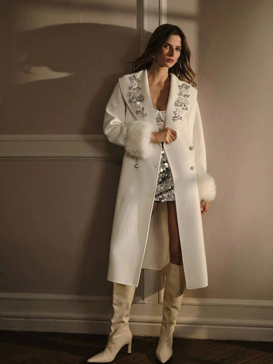 PREMIUM WOOL RHINESTONE AND SEQUINS DETAIL SHAWL COLLAR FUZZY CUFF BELTED OVERCOAT