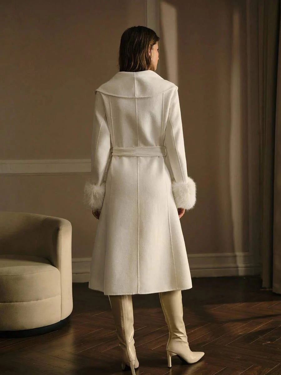 PREMIUM WOOL RHINESTONE AND SEQUINS DETAIL SHAWL COLLAR FUZZY CUFF BELTED OVERCOAT