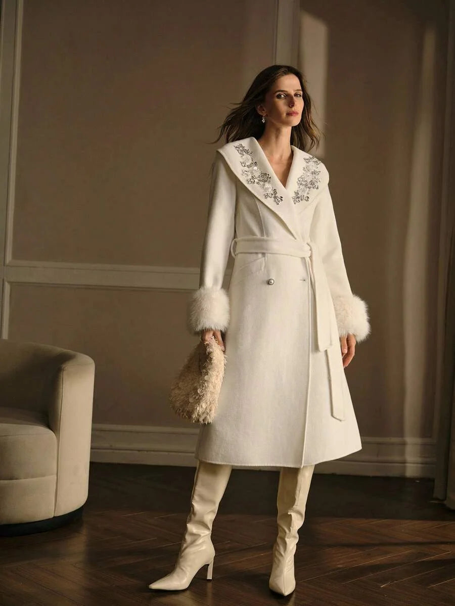 PREMIUM WOOL RHINESTONE AND SEQUINS DETAIL SHAWL COLLAR FUZZY CUFF BELTED OVERCOAT