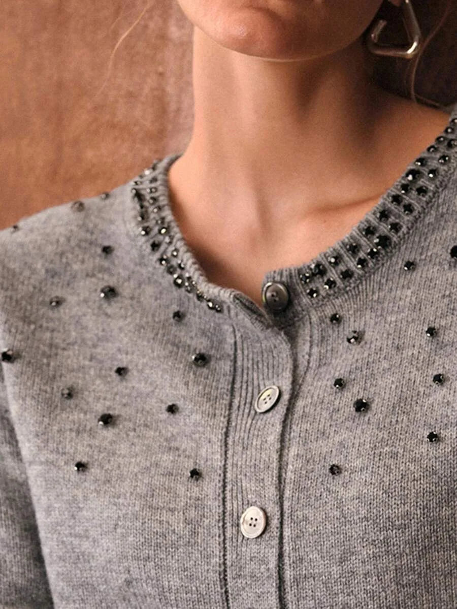 PREMIUM WOOL RHINESTONE DETAIL CARDIGAN