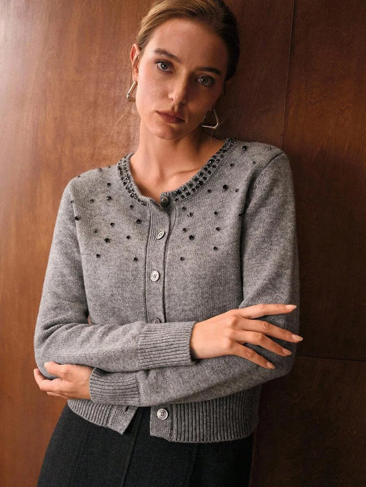 PREMIUM WOOL RHINESTONE DETAIL CARDIGAN