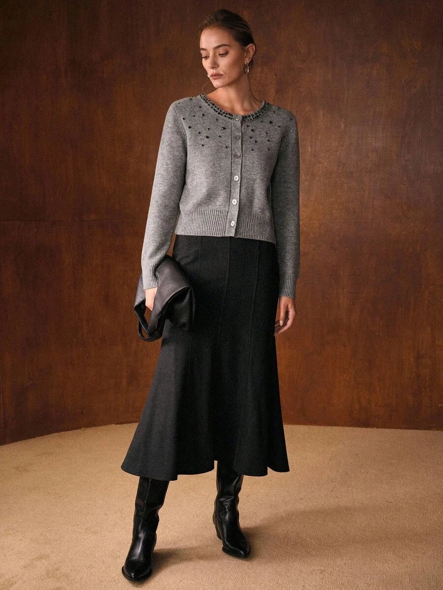 PREMIUM WOOL RHINESTONE DETAIL CARDIGAN