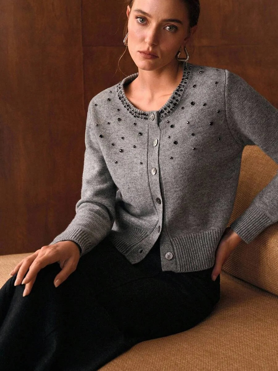 PREMIUM WOOL RHINESTONE DETAIL CARDIGAN