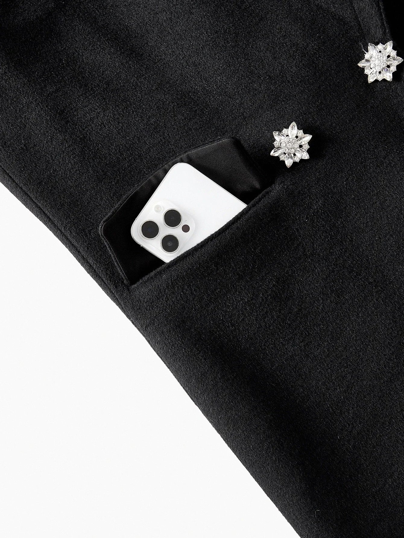 PREMIUM WOOL RHINESTONE TRIM OVERCOAT