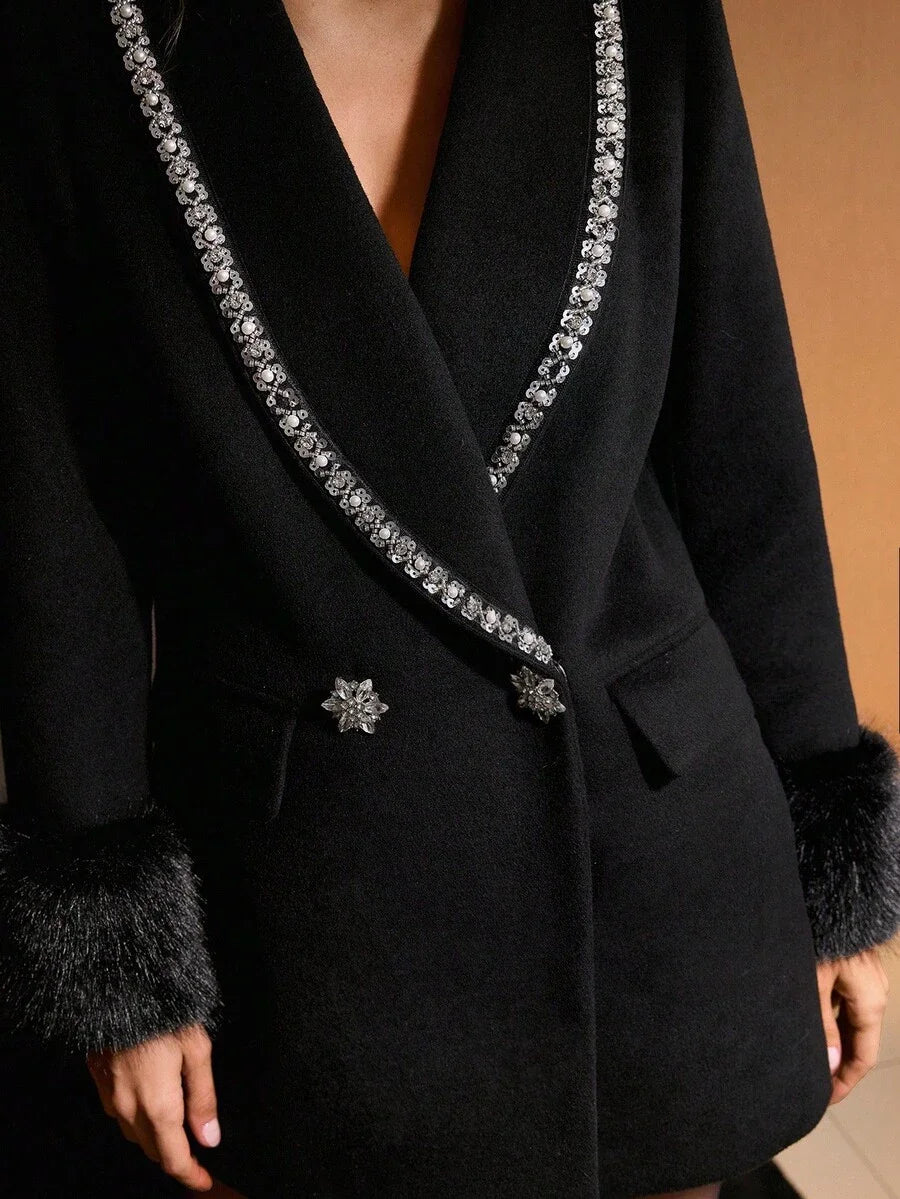 PREMIUM WOOL RHINESTONE TRIM OVERCOAT