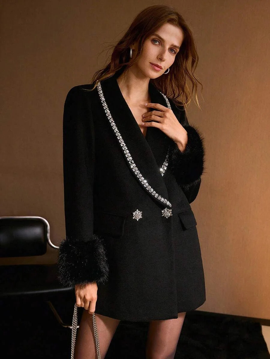 PREMIUM WOOL RHINESTONE TRIM OVERCOAT