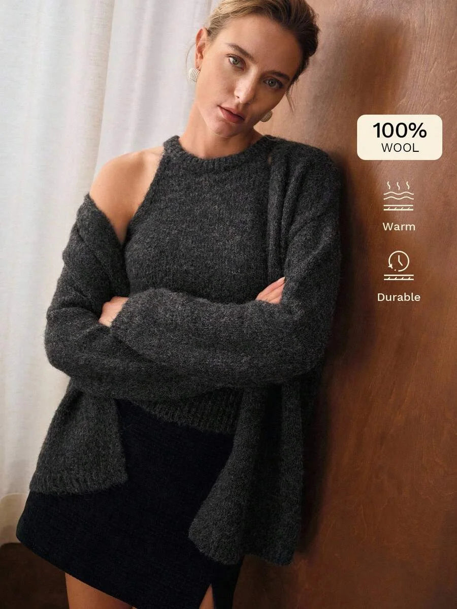 PREMIUM WOOL SOLID HALTER NECK KNIT TOP amp DROP SHOULDER OVERSIZE CARDIGAN SET