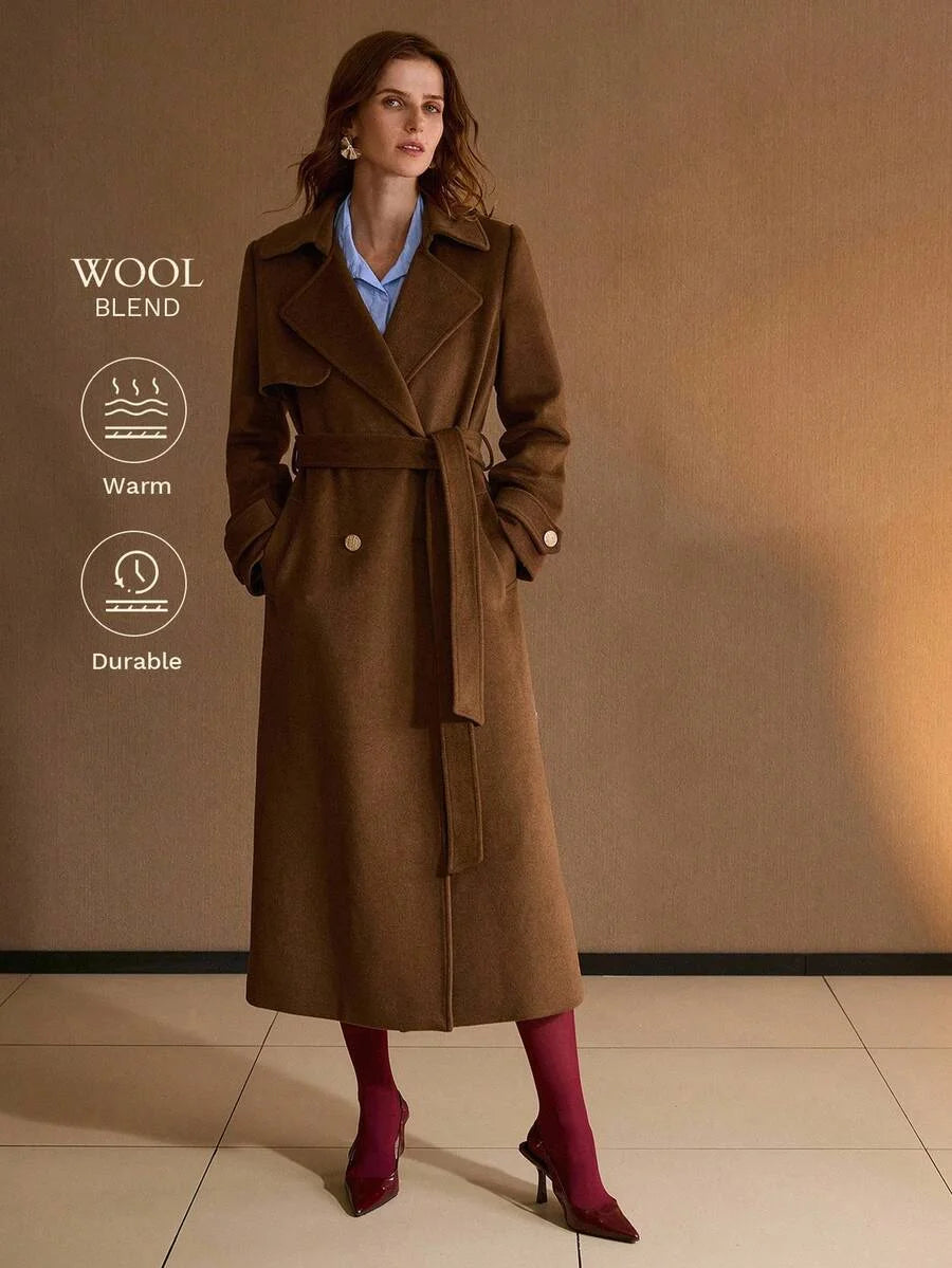 PREMIUM WOOL SOLID LAPEL COLLAR DOUBLE BREASTED PLACKET BELTED OVERCOAT