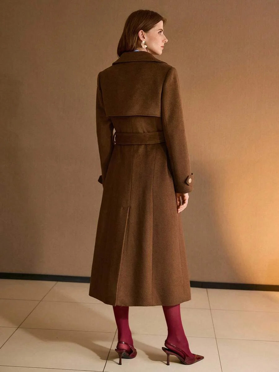 PREMIUM WOOL SOLID LAPEL COLLAR DOUBLE BREASTED PLACKET BELTED OVERCOAT