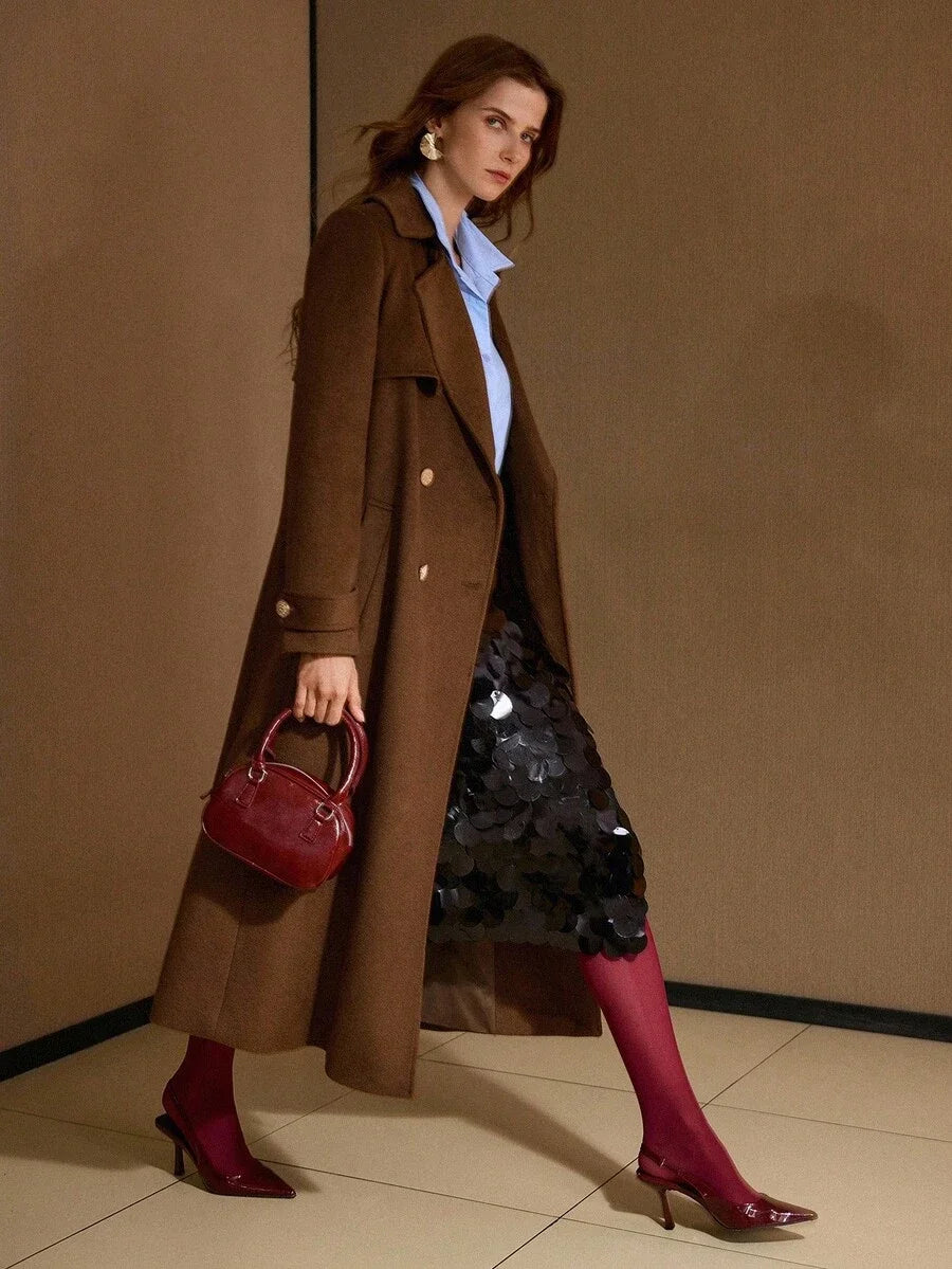 PREMIUM WOOL SOLID LAPEL COLLAR DOUBLE BREASTED PLACKET BELTED OVERCOAT