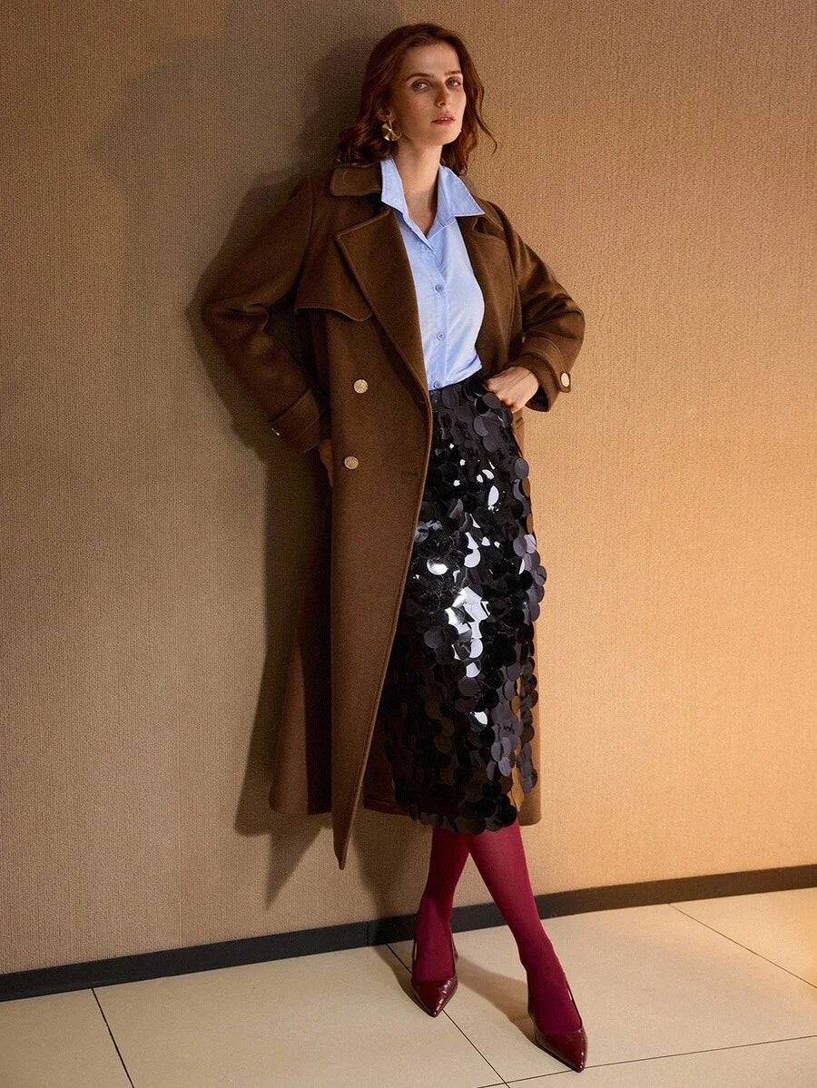 PREMIUM WOOL SOLID LAPEL COLLAR DOUBLE BREASTED PLACKET BELTED OVERCOAT